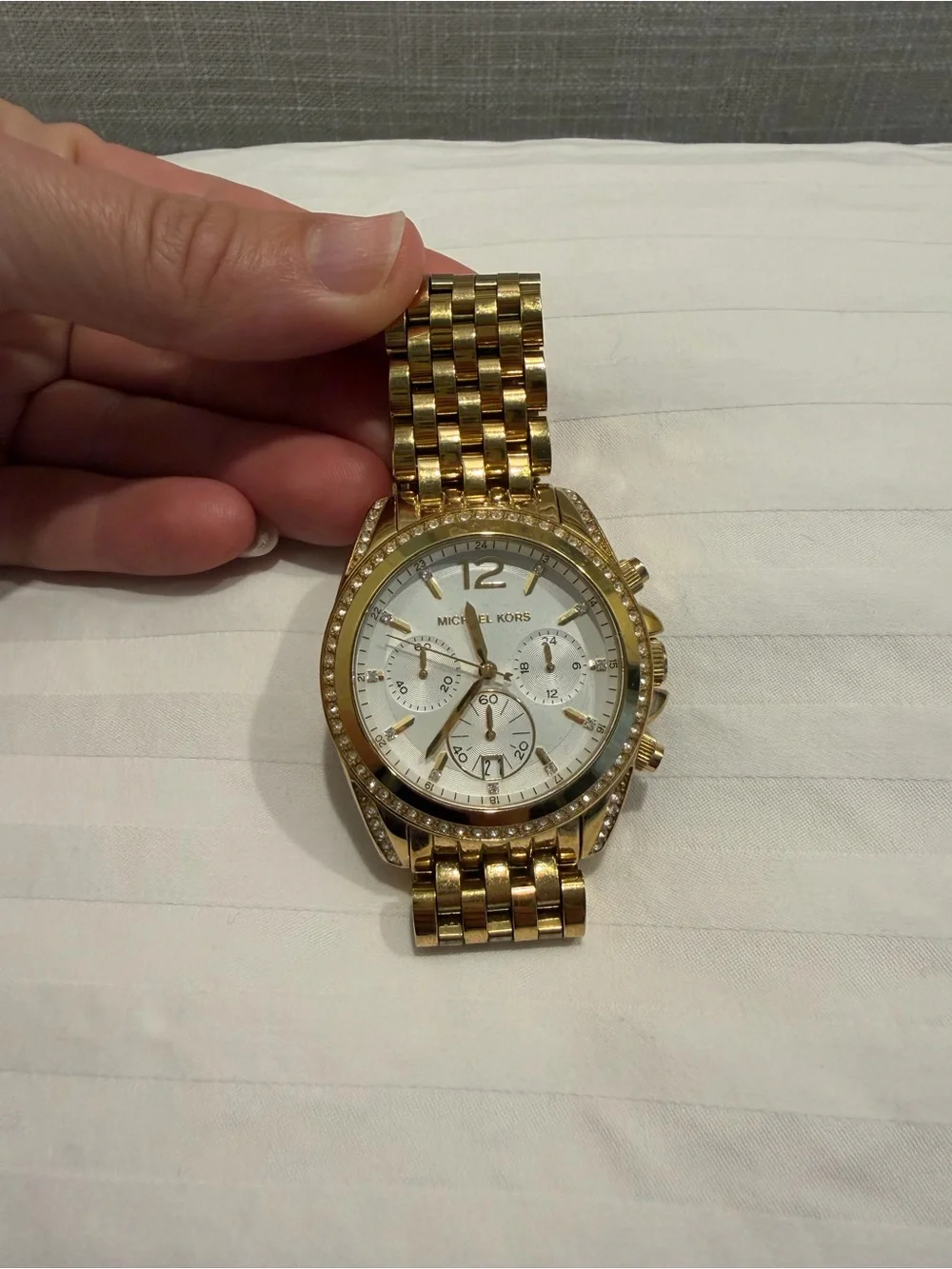 Michael Kors Gold and White Crystal-Trim Chronograph Watch